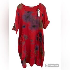 Cristina Vergani Linen Blend Floral Red Dresd